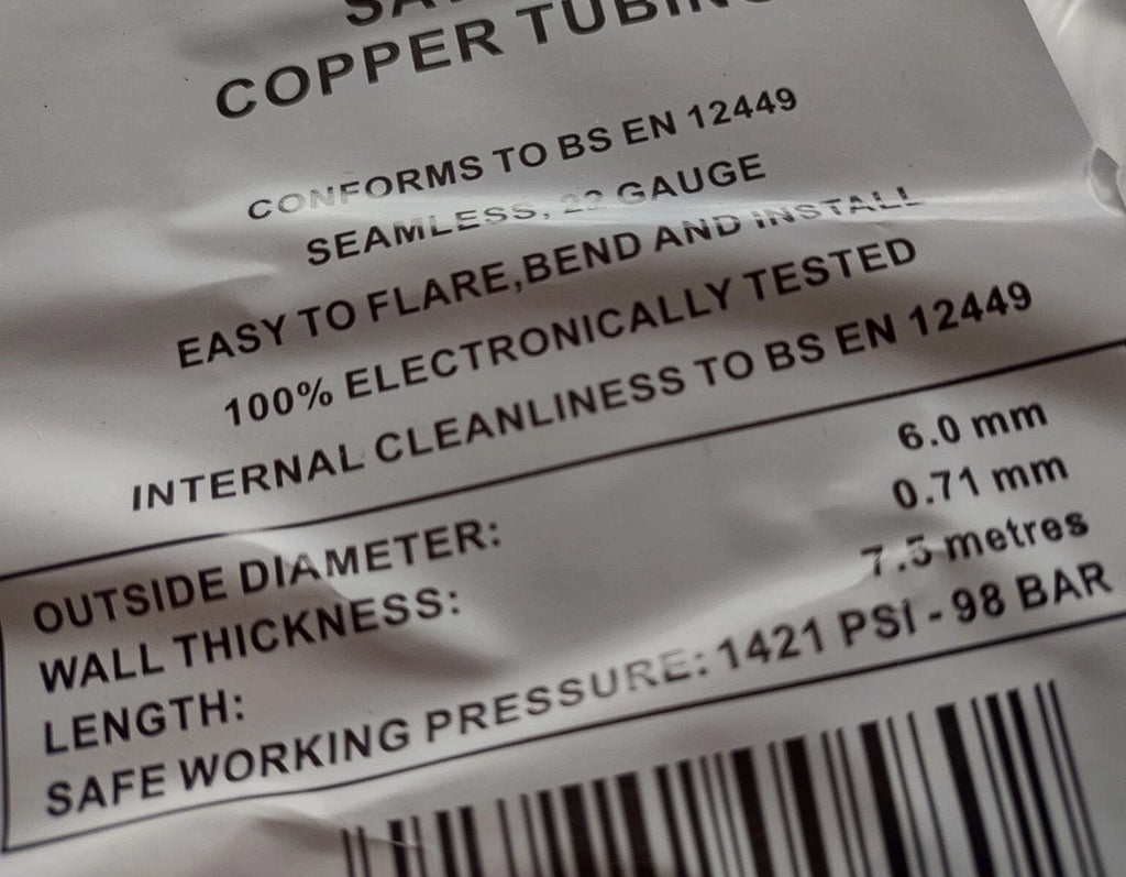 6mm Copper Brake Pipe Seamless 7.5m Roll 22 Gauge