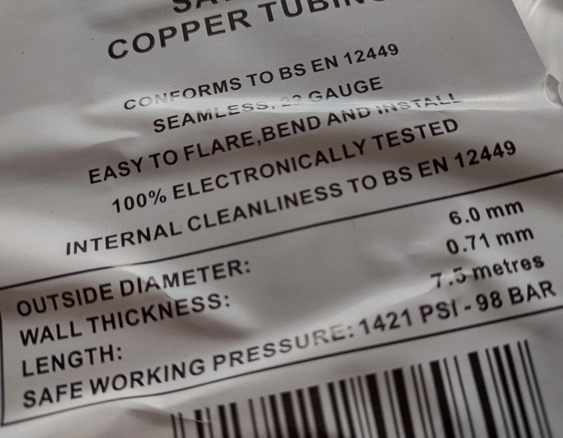 6mm Copper Brake Pipe Seamless 7.5m Roll 22 Gauge
