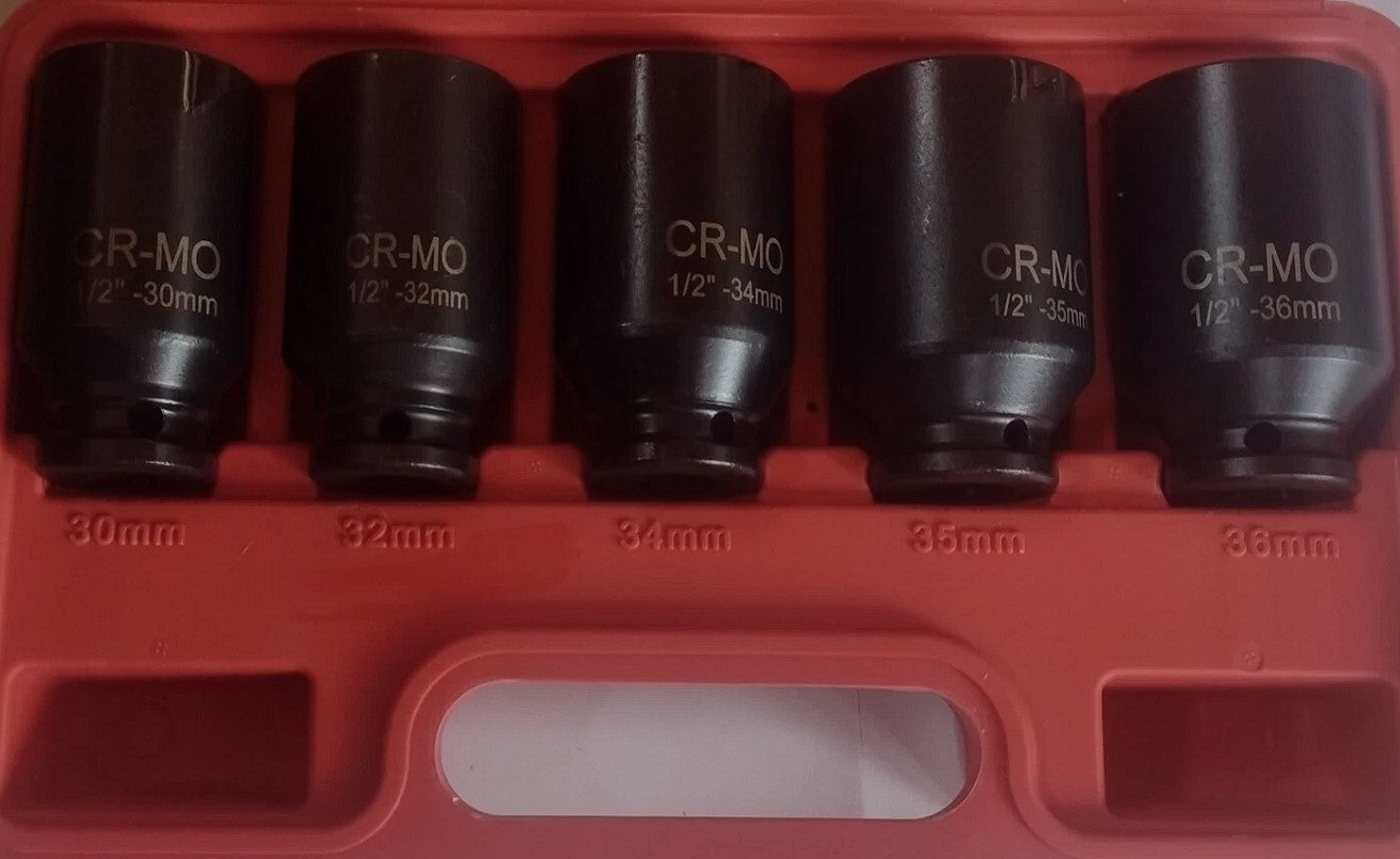 5 Piece 1/2" Drive Hub Nut Impact Socket Set 12 Point 30mm 32mm 34mm 35mm 36mm
