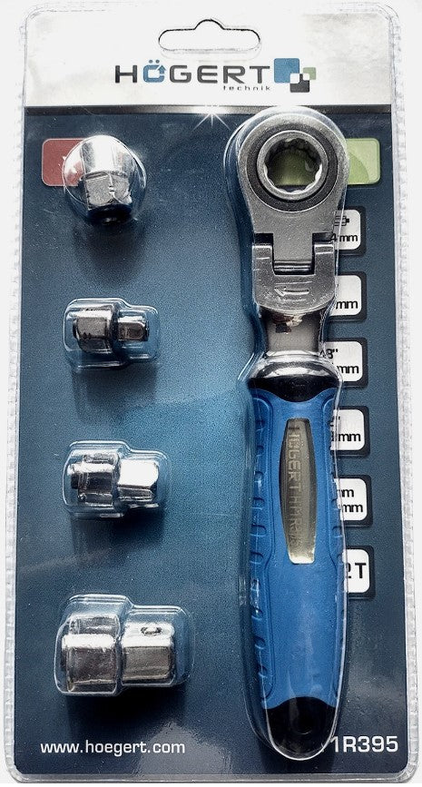 Hogert 19mm Flexible Head Ratchet Wrench with Adapters for Sockets