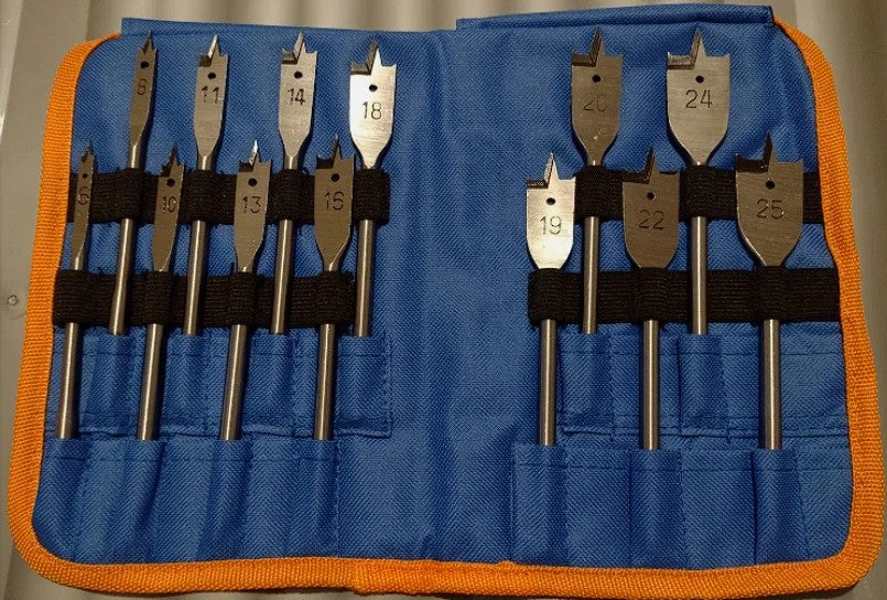 13 Pc Flat Wood Drill Set in Tool Pouch 6/8/10/11/13/14/16/18/19/20/22/24/25mm